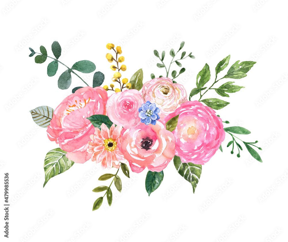 Cute and whimsy pink flowers. Watercolor blush and pastel pink roses, ranunculus arrangement, isolated on white background.