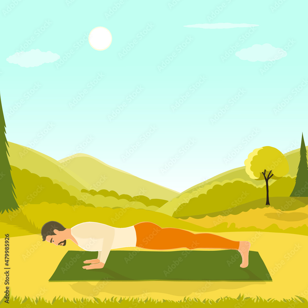Handsome young man standing in low plank, chaturanga dandasana, or four-limbed staff pose. Man is working out outdoors in the park while a beautiful sunny day.