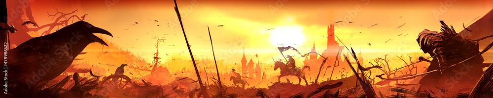 Naklejka premium A battlefield with wounded, defeated knights, those who survived are sitting exhausted, spear fragments and bloodthirsty feasting crows are everywhere, behind a bright sunset with castles and. 2d art