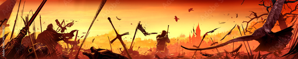 Obraz premium A battlefield with wounded, defeated knights, those who survived are sitting exhausted, spear fragments and bloodthirsty feasting crows are everywhere, behind a bright sunset with castles and. 2d art