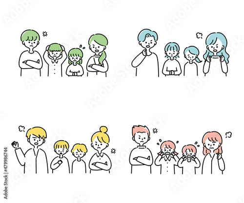 両親に怒られる子どものイラストセット