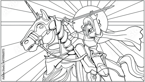 Linear coloring book with a beautiful anime-style knight girl riding a horse, they are wearing heavy, beautiful plate armor, the lady of war holds her sword over her head, lifting it to heaven. 2d art