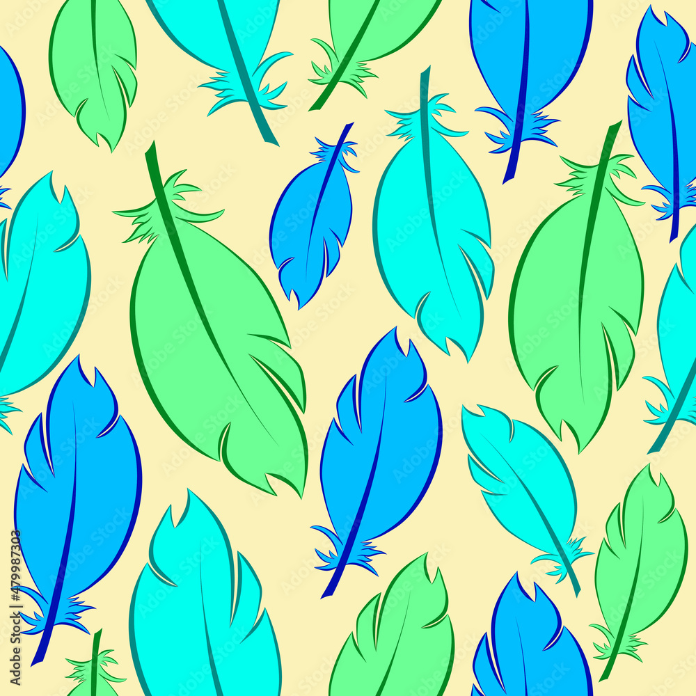 Hand drawn vector seamless pattern with painted bird feathers. Titled background.
