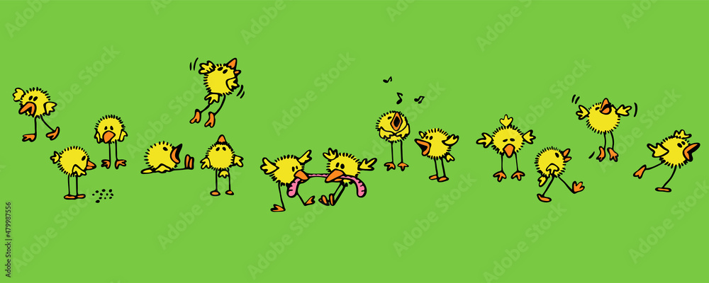 banner or card with a pack of crazy yellow chicks with humor and emotions_green background