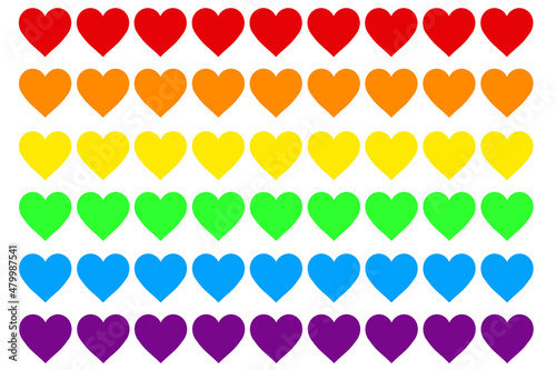 LGBT rainbow flag showing red, orange, yellow, green, blue and purple color as heart icons