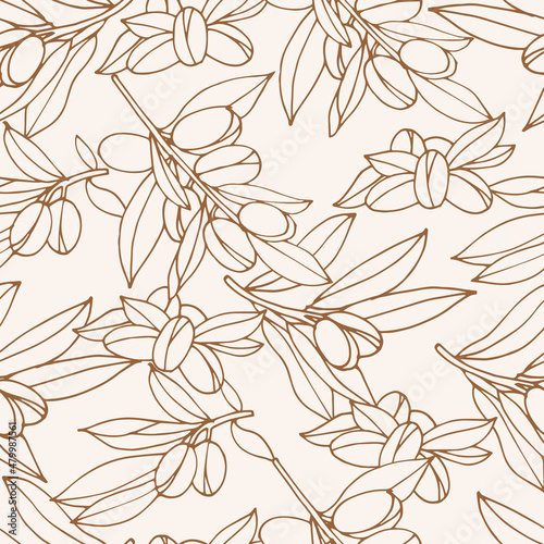 Vector illustration argan branch - vintage engraved style. Seamless pattern in retro botanical style.