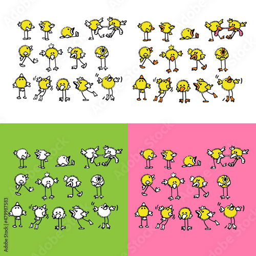pack of crazy yellow chicks with humor and emotions_set