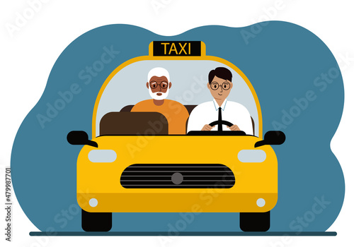 Yellow taxi car. A man in a shirt and tie, a taxi driver, is carrying a passenger to his grandfather. Front view.