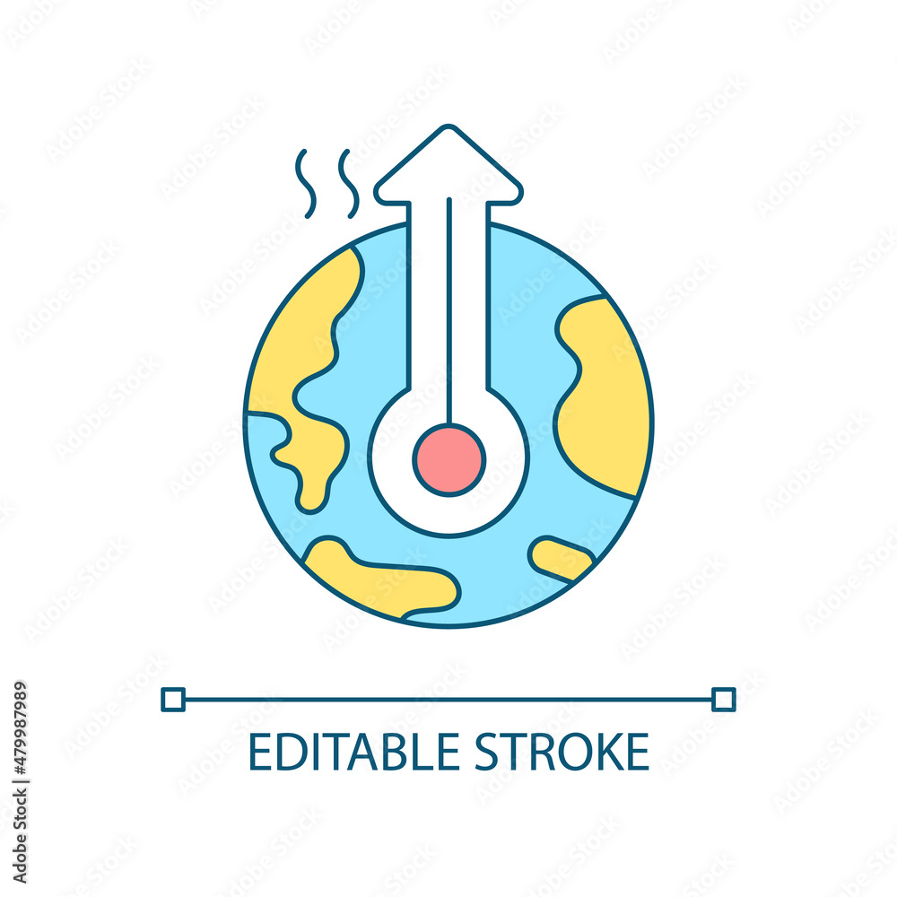 Global warming RGB color icon. Climate change. Air pollutants and greenhouse effect. Earth heating. Isolated vector illustration. Simple filled line drawing. Editable stroke. Arial font used Global warming RGB color icon. Climate change. Air pollutants and greenhouse effect. Earth heating. Isolated vector illustration. Simple filled line drawing. Editable stroke. Arial font used