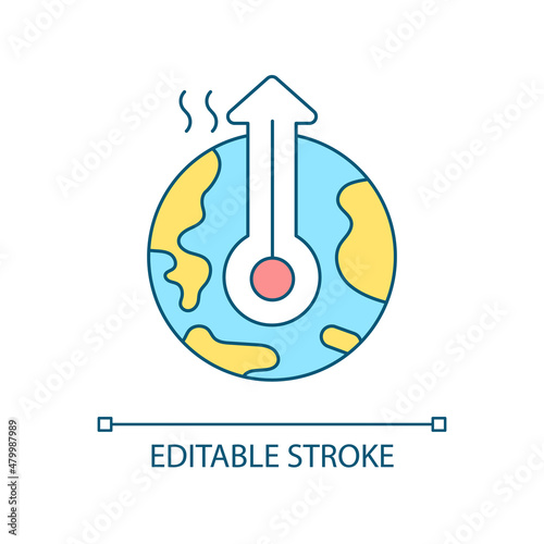 Global warming RGB color icon. Climate change. Air pollutants and greenhouse effect. Earth heating. Isolated vector illustration. Simple filled line drawing. Editable stroke. Arial font used
