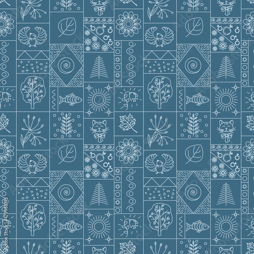 Seamless pattern with floral and animalistic elements. Monochrome drawings in the style of doodle and zentangle on an indigo background. Vector illustration.