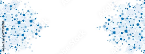 Abstract blue background frame. Pattern of hexagons, cells connected by lines. Digital network. Plexus of molecules. Chemical element. Poster for social networks, websites, medicine. Vector
