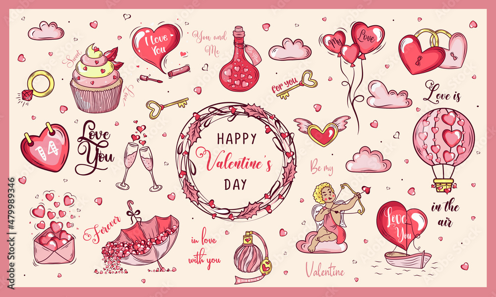 Big set of romantic elements for Valentine's day. Vector illustrations for valentines day, stickers, greeting cards, etc. Big set of romantic elements for Valentine's day. Vector illustrations for valentines day, stickers, greeting cards, etc.