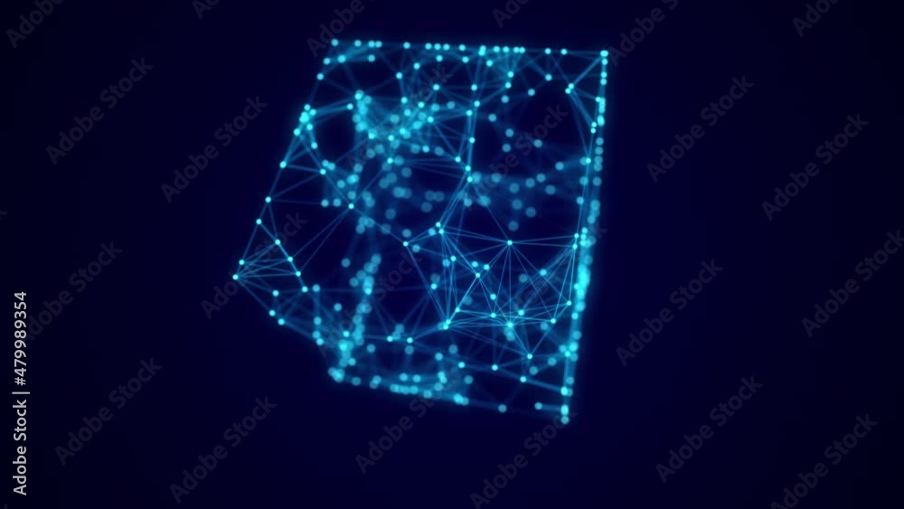 Abstract blue cube with connecting dots and lines. Big data visualization. Blockchain technology concept. Wireframe network connection structure. 3d rendering.