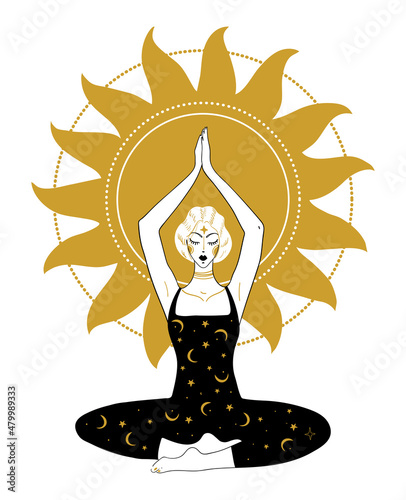 A beautiful girl in the lotus position is engaged in yoga on the background of the sun. Hand drawn illustration for tattoo, tarot, astrology, mystical card in boho style, vintage style. Vector