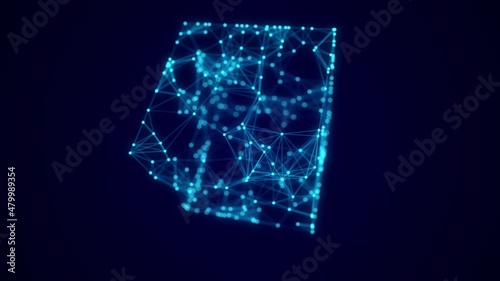Abstract blue cube with connecting dots and lines. Big data visualization. Blockchain technology concept. Wireframe network connection structure. 3d rendering.