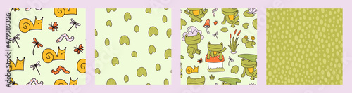 Cute frog seamless pattern collection. Sweet doodle toads with snails, dragonflies and lily pads. Baby summer print with cartoon lake characters.