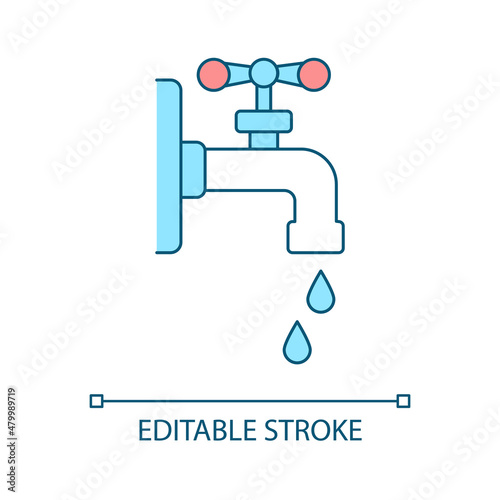 Water outflow RGB color icon. Water efficient usage and saving. Climate change prevention. Faucet drainage. Isolated vector illustration. Simple filled line drawing. Editable stroke. Arial font used