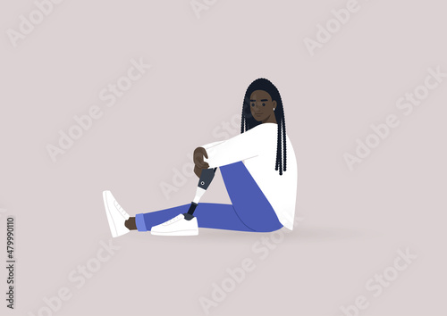 A young female African character with a prosthetic leg sitting on a floor