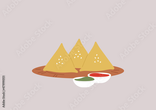 A samosa plate with sauces, a traditional fried snack