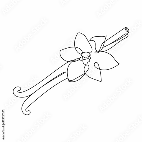 Continuous one simple single abstract line drawing of vanilla pods icon in silhouette on a white background. Linear stylized.