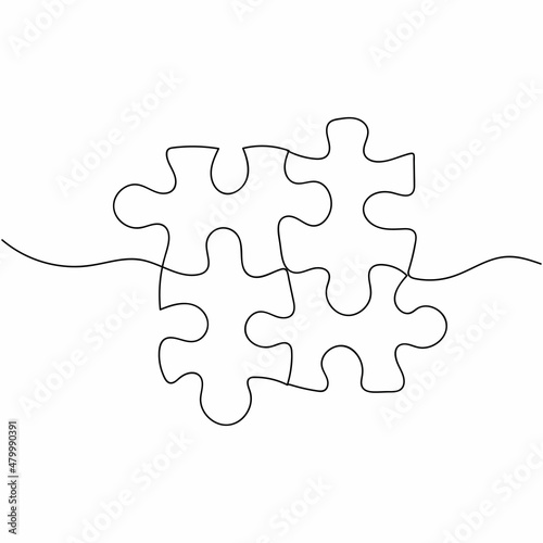 Continuous one simple single abstract line drawing of togetherness concept puzzle icon in silhouette on a white background. Linear stylized.