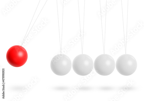 moving red ball and stable white balls on light white background. science concept. 3d render
