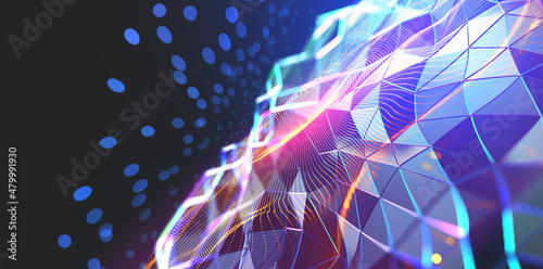 Neural network and cloud technologies. Global database and artificial intelligence. Big data concept. Bright, colorful 3D illustration of polygonal network, cybersecurity and internet busines photo