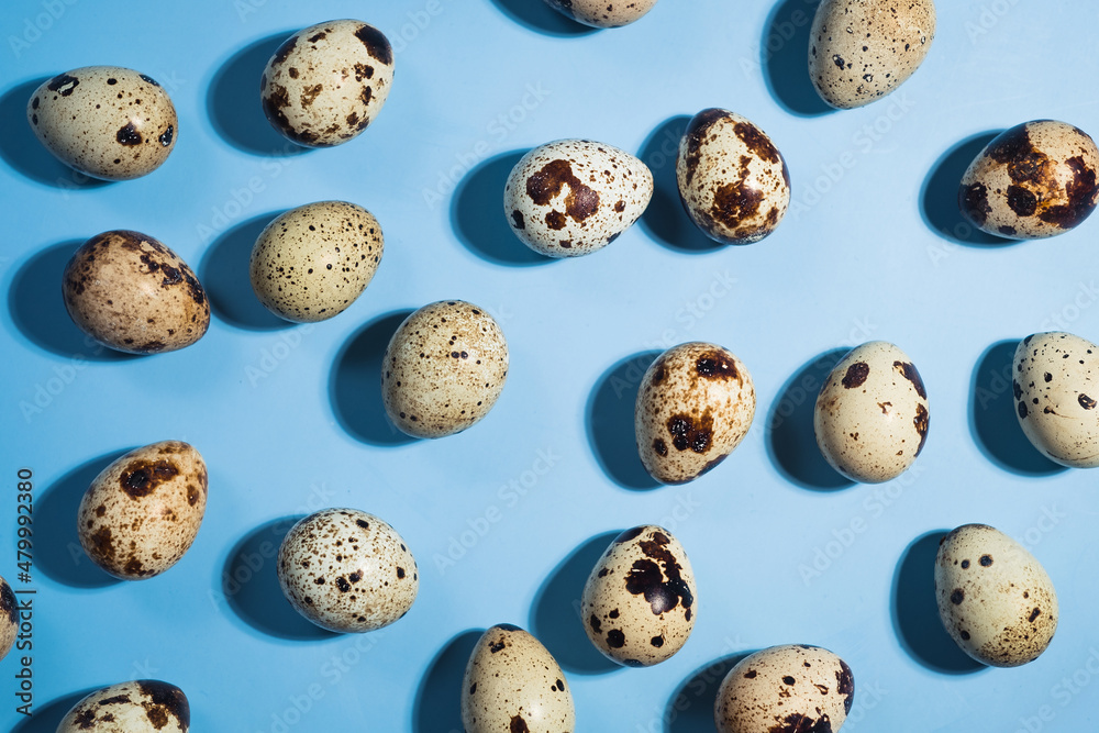 Top view - Quail eggs on pastel blue background. Minimal Happy Easter composition. Minimalism or healthy lifestyle diet concept.