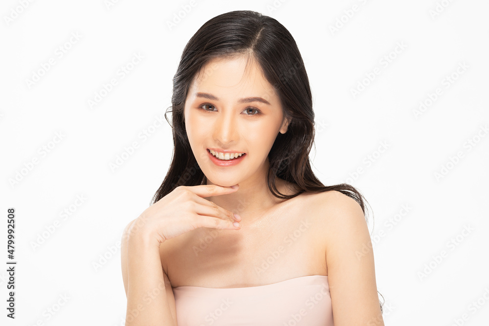 Beautiful Asian young woman touching chin smile with clean and fresh skin Happiness and cheerful with positive emotional,isolated on white background,Beauty Cosmetics and spa Facial treatment Concept Beautiful Asian young woman touching chin smile with clean and fresh skin Happiness and cheerful with positive emotional,isolated on white background,Beauty Cosmetics and spa Facial treatment Concept