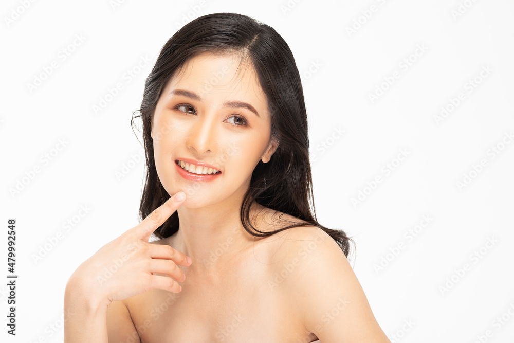Beautiful Asian young woman touching chin smile with clean and fresh skin Happiness and cheerful with positive emotional,isolated on white background,Beauty Cosmetics and spa Facial treatment Concept Beautiful Asian young woman touching chin smile with clean and fresh skin Happiness and cheerful with positive emotional,isolated on white background,Beauty Cosmetics and spa Facial treatment Concept