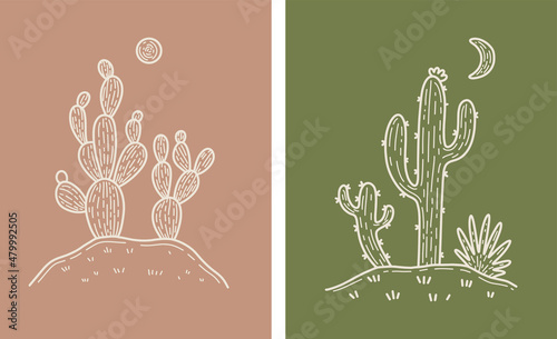 Moon Desert Cactus Boho Warm Colors Minimal Botanical Vector Illustration Set photo