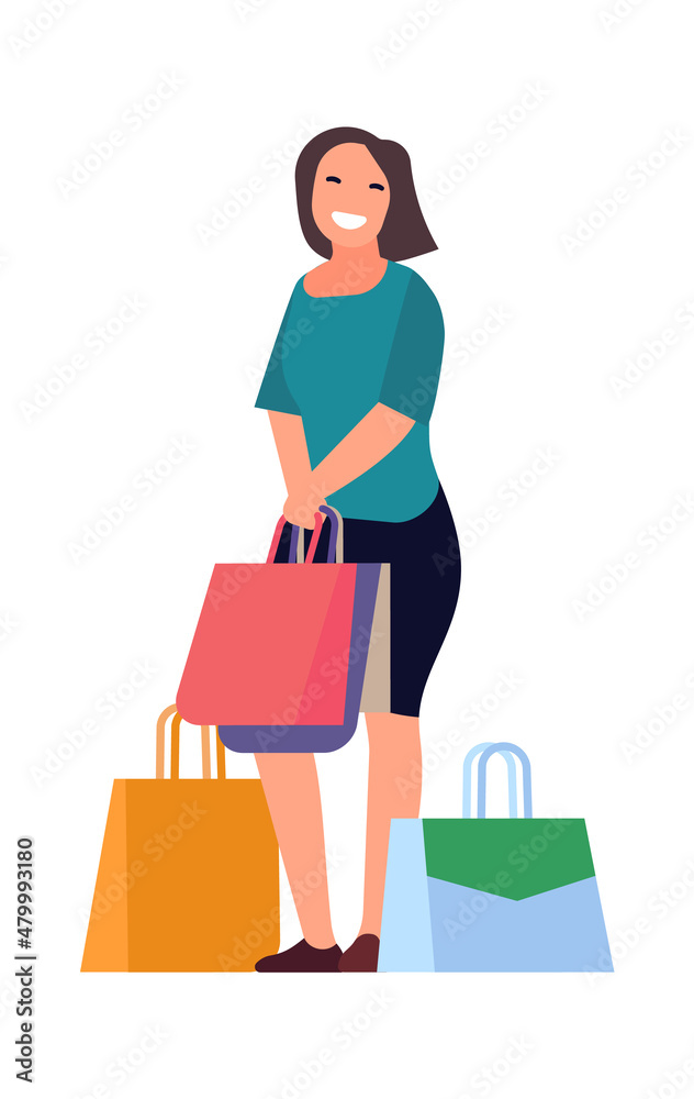 Woman standing with purchases in paper bag. Happy customer concept Woman standing with purchases in paper bag. Happy customer concept