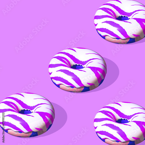 Minimalistic stylized collage isometry art. 3d render creative donuts design. Party, junk food, candy concept