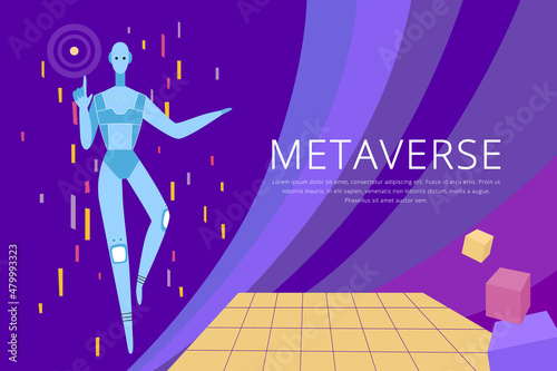 Metaverse, a robot in virtual reality, banner