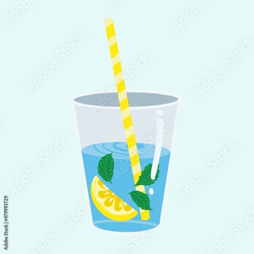 Glass of water with lemon mint and straw. Remember to drink water daily  Szklanka wody z cytryna i mięta ze słomka  Pij wode codziennie 