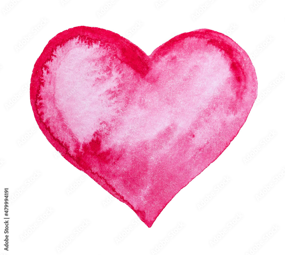 Hand drawn painted lovely pink heart, watercolor element for your design.  Happy valentines Valentine's Day 14th february poster. Can be used for cards, typography, labels. Isolated objects on white