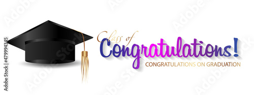 Congratulations on your graduation. Class of 2022. Graduation cap and confetti and balloons. Congratulatory banner. Academy of Education School of Learning