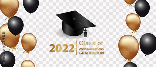 Congratulations on your graduation. Class of 2022. Graduation cap and confetti and balloons. Congratulatory banner. Academy of Education School of Learning