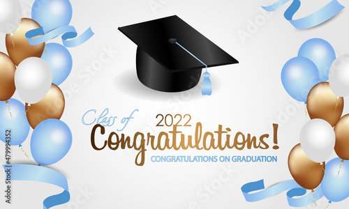 Congratulations on your graduation. Class of 2022. Graduation cap and confetti and balloons. Congratulatory banner. Academy of Education School of Learning
