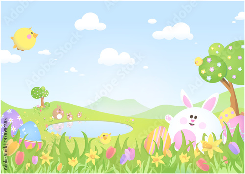 Easter Scene with Bunnies  Chicks and Eggs
