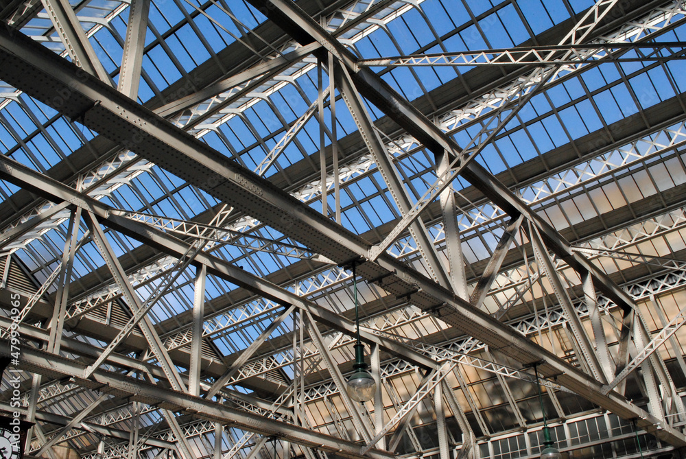 Pattern of Steel Roof Beams and Glass in Old Railway Station Building 