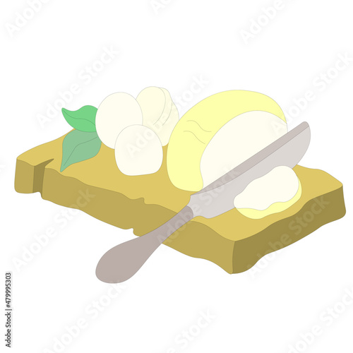 Slices of mozzarella cheese are cut with metal knife on wooden board. three balls of cheese with basil leaves. Milk products.