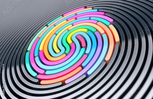 3D render abstract background of stylized fingerprint of smooth lines of spline gradient multicolor waves with dof