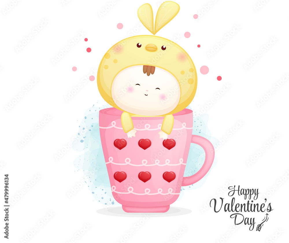 Valentine day with cute baby bird in decorative mug Valentine day with cute baby bird in decorative mug