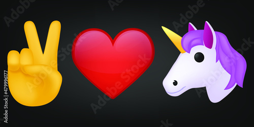 Peace Love and Unicorns Illustration Emoji Design. Motivational Quote Emoticon Vector Symbol.