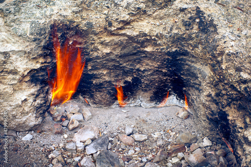 Forever burning fire of mount Chimaera. Yanartaş, Antalya Province, Turkey photo