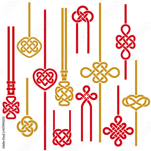 Chinese braid and stripes . Red and gold template symbols, knots - heart, flower, infinity, double coin. Ethnic ornament .Trendy print for design. Vector set.