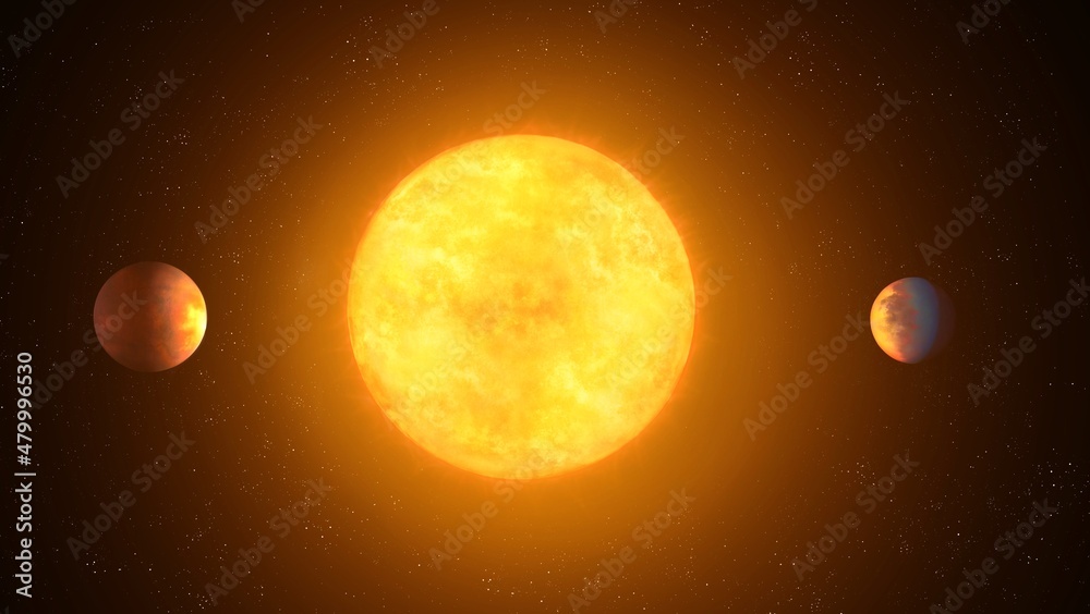 Terrestrial exoplanets in orbit around a yellow star. Sun with a planets. 