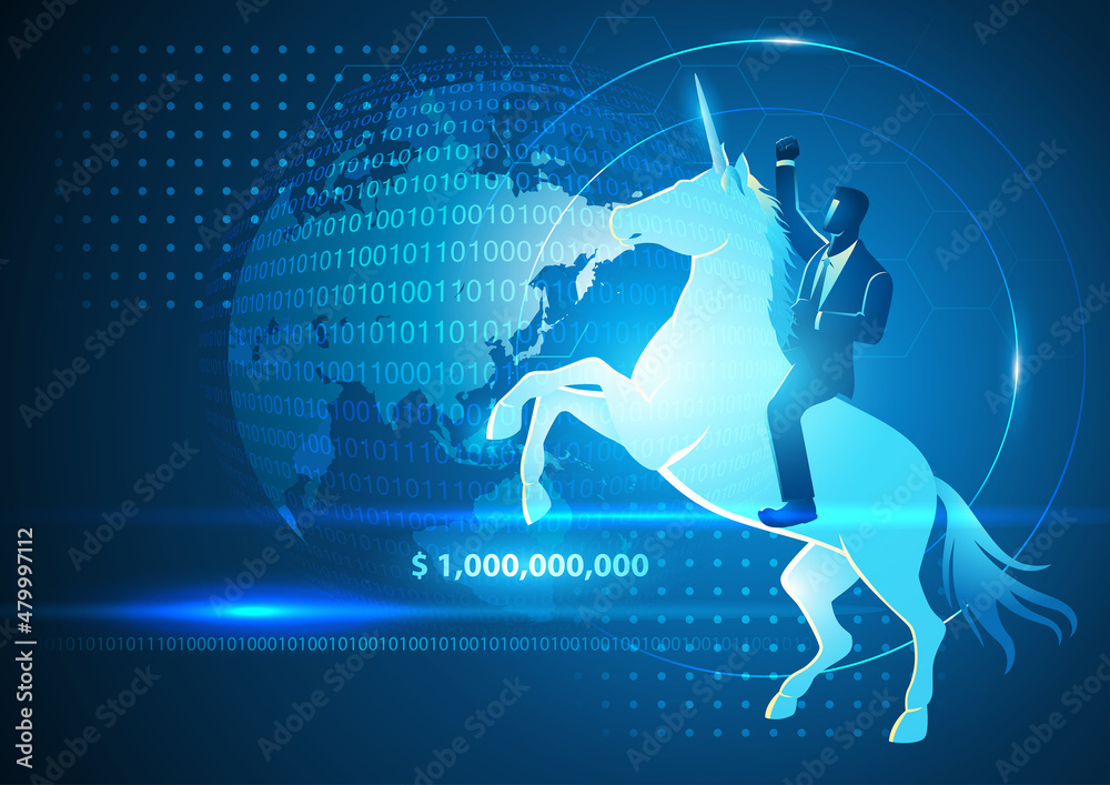 Businessman riding a unicorn on futuristic background